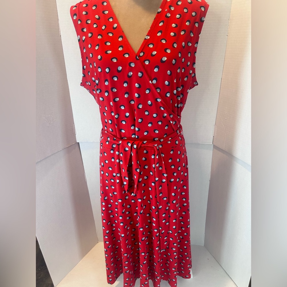 Leota Red Sleeveless Polka Dot Wrap Midi Dress